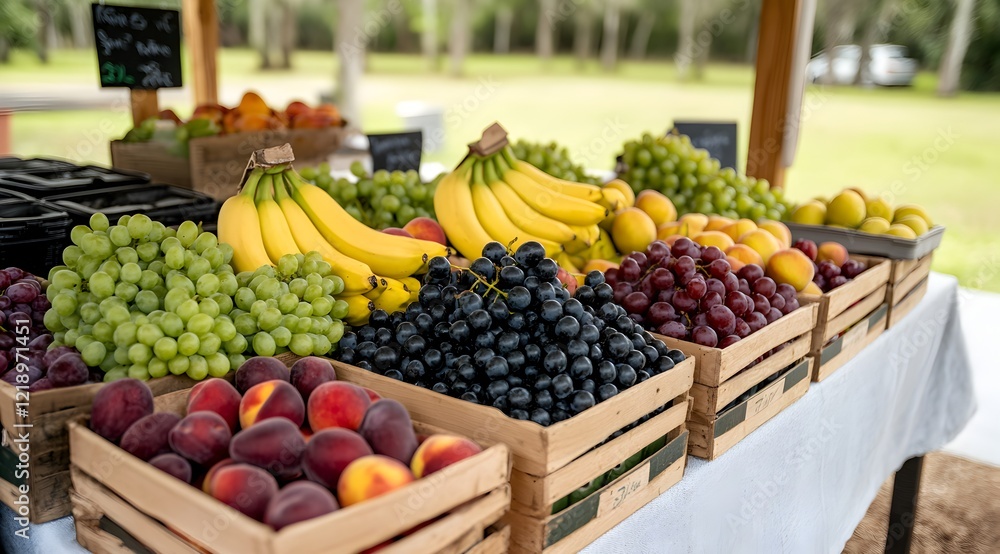A vibrant display of fresh fruits including bananas, grapes, peaches, and plums arranged in wooden crates at an outdoor market. A vibrant display of fresh fruits including bananas, grapes, peaches, and plums arranged in wooden crates at an outdoor market.