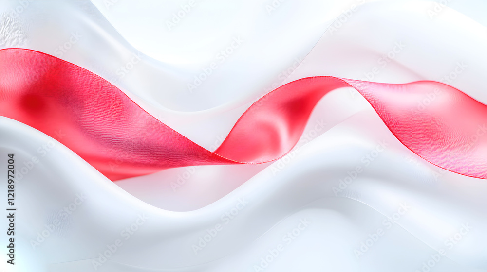 Naklejka premium Elegant abstract composition with a flowing red satin ribbon gracefully draped over soft white silk fabric, creating luxurious and romantic background perfect for branding and design. Selective focus