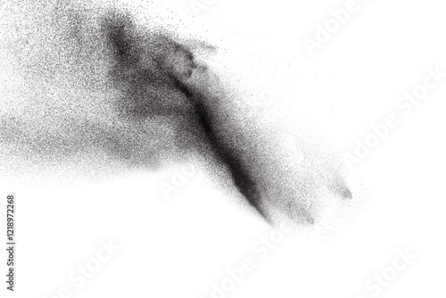 Black powder explosion against white background. Black dust particles splashing.