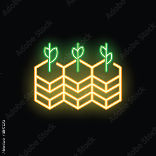 Green and yellow neon icon of plants growing in honeycomb pots on a black background, representing urban farming and sustainability