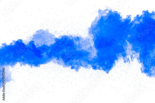 Abstract blue powder explosion on white background. Closeup of blue dust particles splash isolated on clear background.