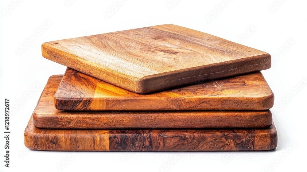 A set of beautiful wooden cutting boards stacked together on a white isolated background A set of beautiful wooden cutting boards stacked together on a white isolated background