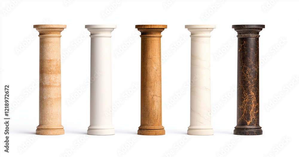 Elegant columns in various s and materials on white background, showcasing range of textures and colors. Perfect for architectural design inspiration Elegant columns in various s and materials on white background, showcasing range of textures and colors. Perfect for architectural design inspiration