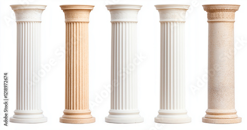 Elegant columns in various s and colors on white background, showcasing classical design elements. Perfect for architectural themes and decorative purposes photo