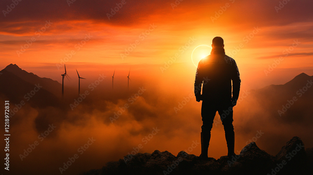 silhouette of lone traveler stands on rocky outcrop, gazing at stunning sunset over smoky desert landscape with wind turbines in distance. scene evokes sense of adventure and tranquility silhouette of lone traveler stands on rocky outcrop, gazing at stunning sunset over smoky desert landscape with wind turbines in distance. scene evokes sense of adventure and tranquility