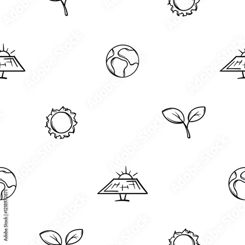 A simple black and white seamless pattern on ecology, environment, global warming. Editable vector background with plant, radiation, sun, CO2 icons. Print for wrapping paper, decoration