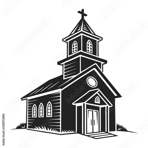 A stylized, black and white vector illustration of a charming church perched atop a grassy hill