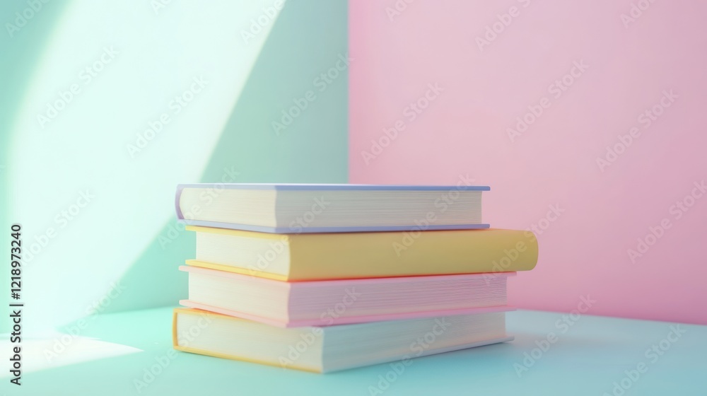 Pastel-colored books stacked on a light blue surface against a pink and mint green background.