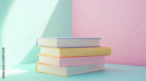 Obraz na płótnie Pastel-colored books stacked on a light blue surface against a pink and mint green background. w salonie