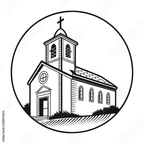 A stylized, black and white vector illustration of a charming church perched atop a grassy hill