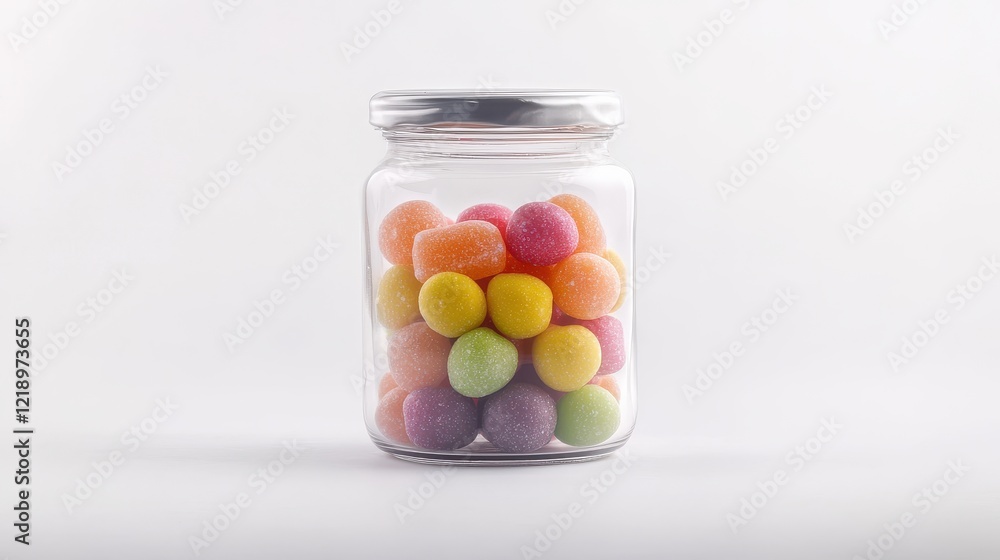 A simple yet elegant glass jar filled with colorful candy, placed on a white isolated background A simple yet elegant glass jar filled with colorful candy, placed on a white isolated background