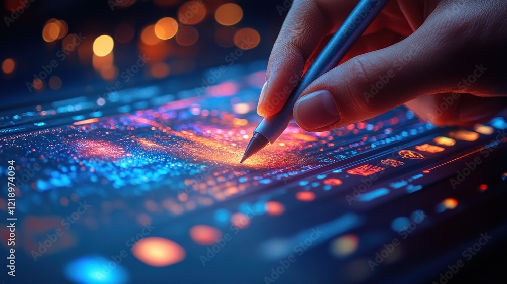 Digital Art Creation: A Close-Up of a Hand Using a Stylus on a Luminous Tablet, Creating a Vibrant, Data-Driven Artwork Digital Art Creation: A Close-Up of a Hand Using a Stylus on a Luminous Tablet, Creating a Vibrant, Data-Driven Artwork