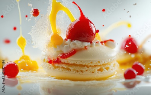 Macro shot of a delicate dessert, like a macaron, with vibrant red and yellow accents, focused on texture. photo