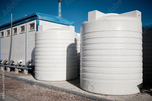 White plastic water tanks stands next to prefabricated industrial toilet containers. Prefabricated industrial buildings. Toilet container buildings and technical water tanks at construction site