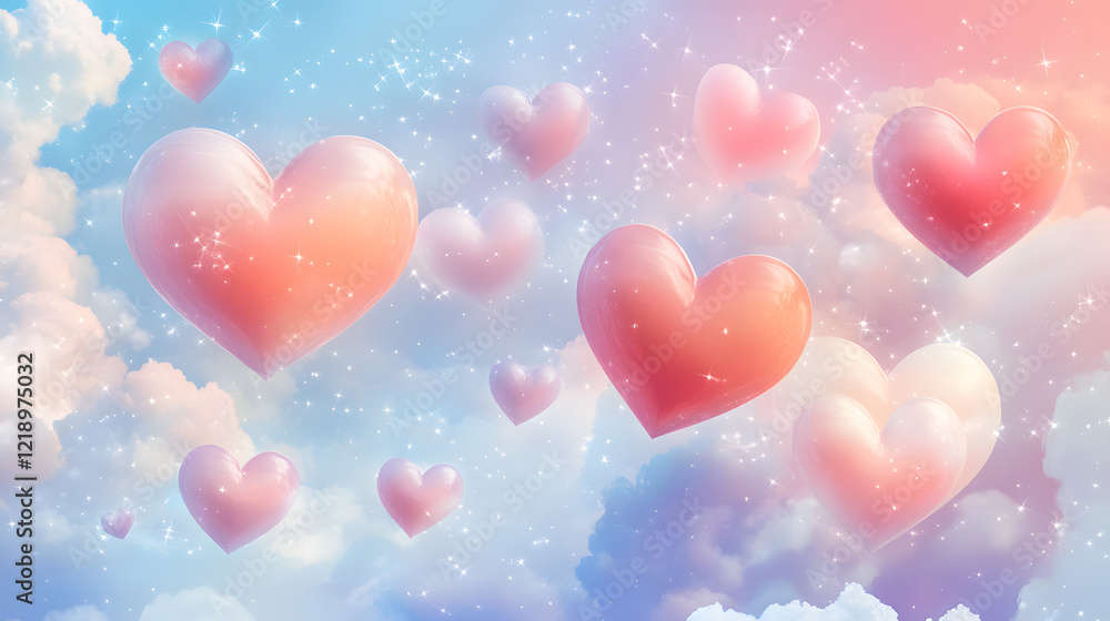 A collection of hearts with soft gradients, surrounded by soft clouds and stars, evoking a dreamy and whimsical atmosphere. A collection of hearts with soft gradients, surrounded by soft clouds and stars, evoking a dreamy and whimsical atmosphere.