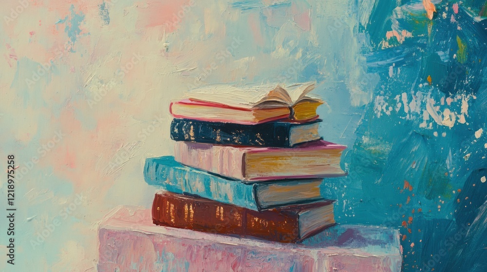 Oil painting of a stack of books on a pink surface with a teal background.