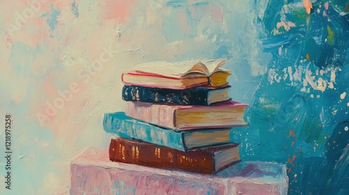 Obraz na płótnie Oil painting of a stack of books on a pink surface with a teal background. w salonie