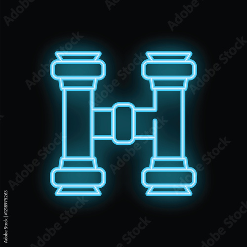 Bright blue neon binoculars glowing on a black background