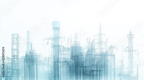 Abstract industrial skyline with faint outlines of structures and machinery in a misty atmosphere