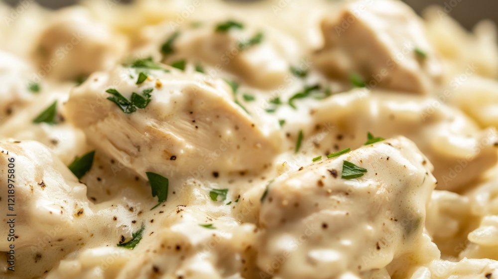 Close-up of rice with creamy chicken alfredo. Featuring chicken in alfredo sauce with Parmesan cheese and herbs, served over rice. Emphasizing a rich, flavorful dish. Ideal for alfredo recipes. Close-up of rice with creamy chicken alfredo. Featuring chicken in alfredo sauce with Parmesan cheese and herbs, served over rice. Emphasizing a rich, flavorful dish. Ideal for alfredo recipes.