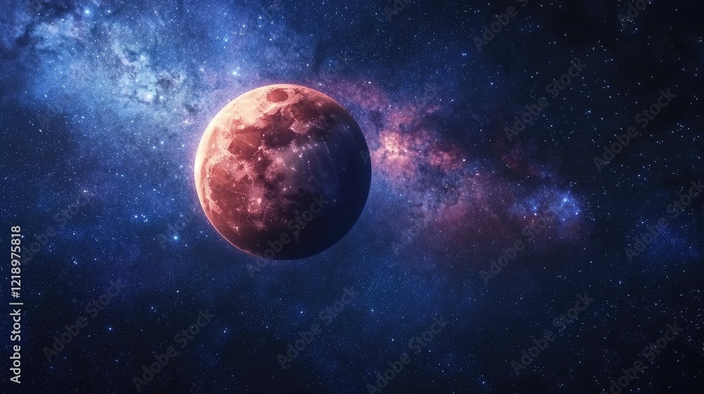 A blood moon during a lunar eclipse, surrounded by faint stars. A blood moon during a lunar eclipse, surrounded by faint stars.
