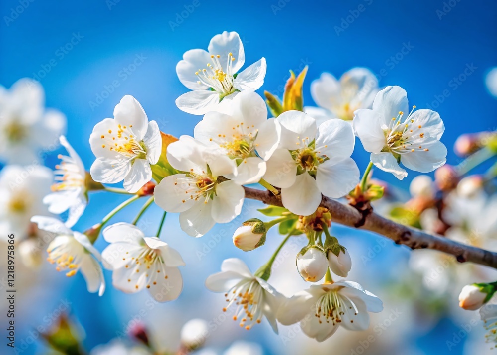 Obraz premium Macro White Cherry Blossoms on Branch, Isolated Blue Sky - Spring Floral Stock Photo