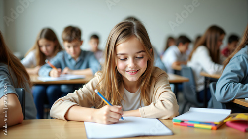 A young girl smiles while writing in a classroom filled with students, showcasing joy in learning. photo