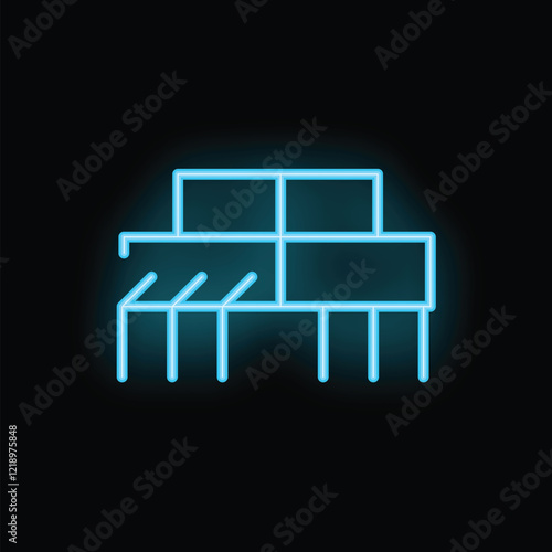 Blue neon icon of a double bed with mattress and pillows on a black background