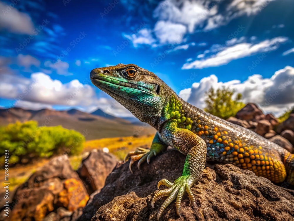Naklejka premium Madeira Wall Lizard Panoramic - Teira dugesii basking in sun on volcanic rock