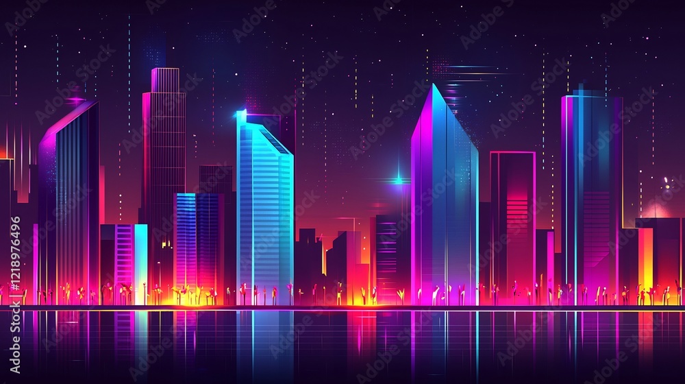 Neon city skyline reflected on water, vibrant cityscape, futuristic night scene, possible use for digital art or design Neon city skyline reflected on water, vibrant cityscape, futuristic night scene, possible use for digital art or design