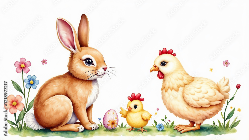 Easter composition featuring a rabbit, chicken, and hen on a meadow filled with wildflowers, perfect for postcards and backgrounds