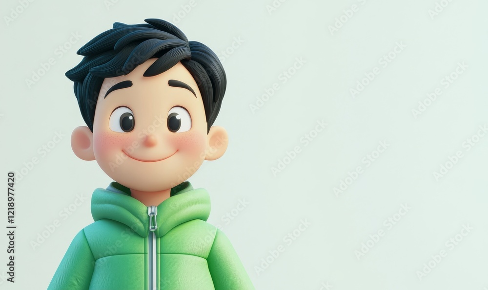 Friendly Asian Cartoon Character Teen Boy Smiling in 3D Green Jacket on Light Background for Happy Human Expression Concept, Generative AI Friendly Asian Cartoon Character Teen Boy Smiling in 3D Green Jacket on Light Background for Happy Human Expression Concept, Generative AI