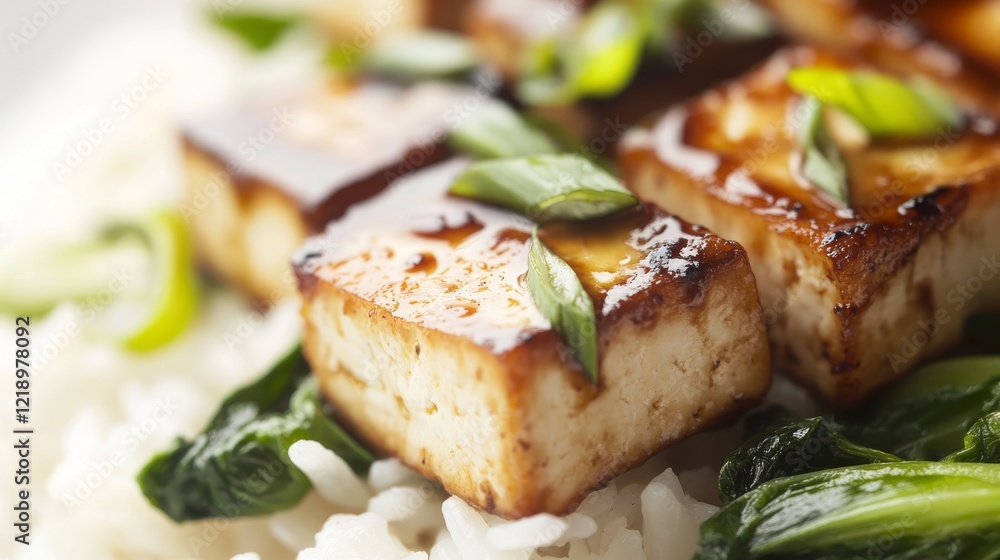 Close-up of rice with savory miso-glazed tofu. Featuring tofu with miso sauce, served over rice with bok choy. Emphasizing a delicate, savory dish. Ideal for tofu recipes. Close-up of rice with savory miso-glazed tofu. Featuring tofu with miso sauce, served over rice with bok choy. Emphasizing a delicate, savory dish. Ideal for tofu recipes.