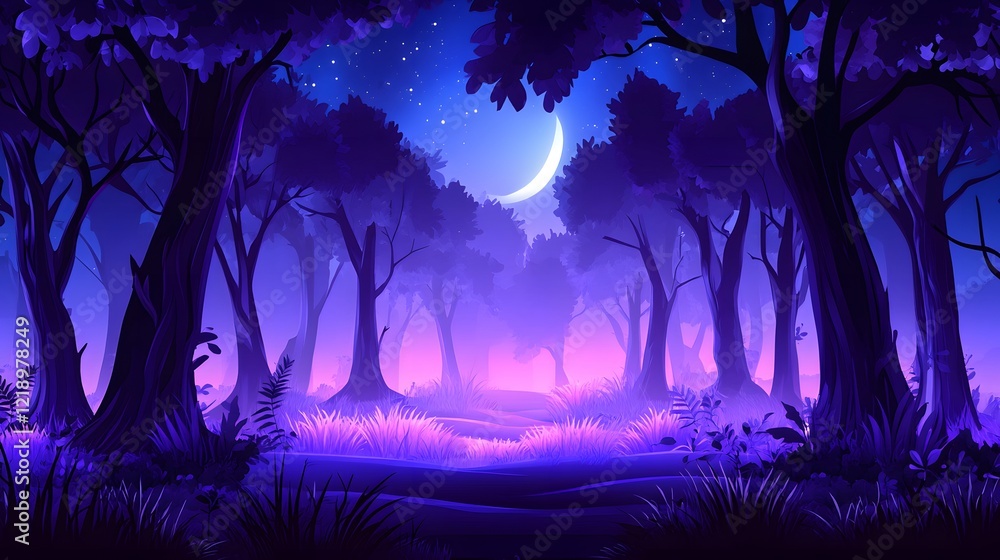 Obraz premium Enchanted Purple Forest Night Scene Crescent Moon Mystical Trees