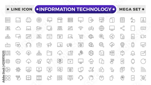 Information technology outline icons set. Set of technology icons. Industry concept factory of the future. Network, web design, website, computer, software, progress, programming, data, internet