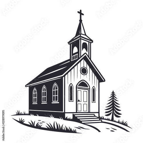 A stylized, black and white vector illustration of a charming church perched atop a grassy hill