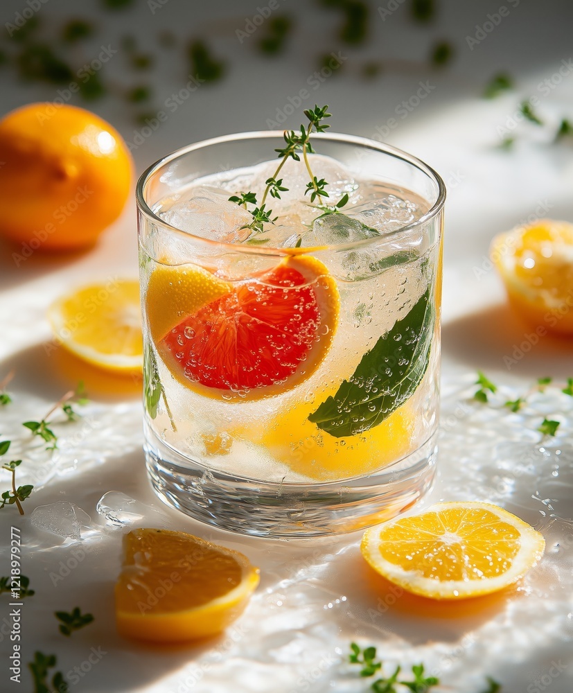 Refreshing summer cocktail, with sparkling ice cubes, slices of citrus fruits, and sprigs of fragrant herbs. Party cocktails garnished with fruits for summer Refreshing summer cocktail, with sparkling ice cubes, slices of citrus fruits, and sprigs of fragrant herbs. Party cocktails garnished with fruits for summer