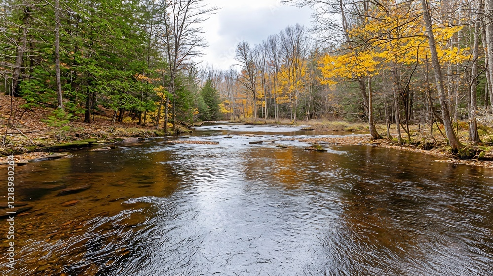 Autumn river scene, fall foliage, tranquil waterway, forest background, nature photography Autumn river scene, fall foliage, tranquil waterway, forest background, nature photography