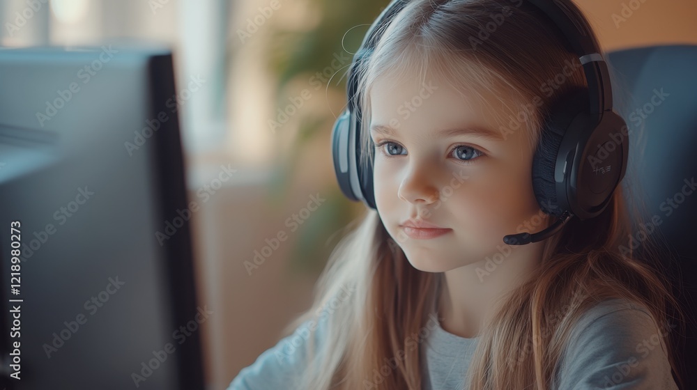 Focused little girl using a computer with a headset Focused little girl using a computer with a headset