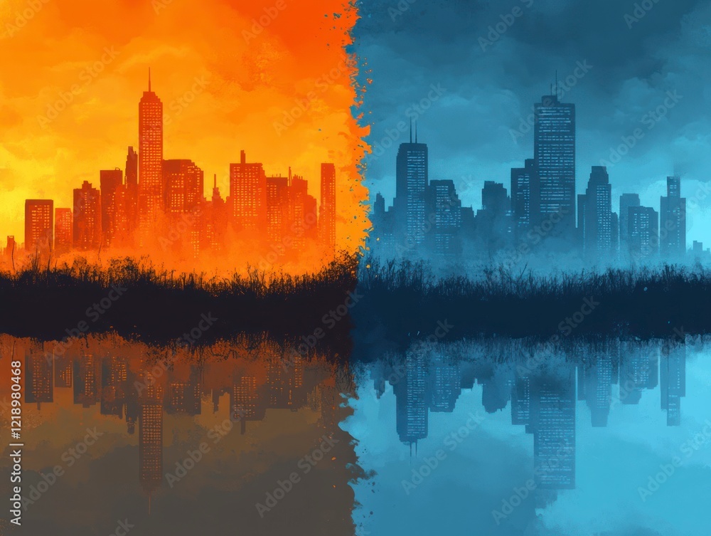 Fototapeta premium Contrasting urban landscapes a dual cityscape reflection artistic digital art vibrant colors surreal environment
