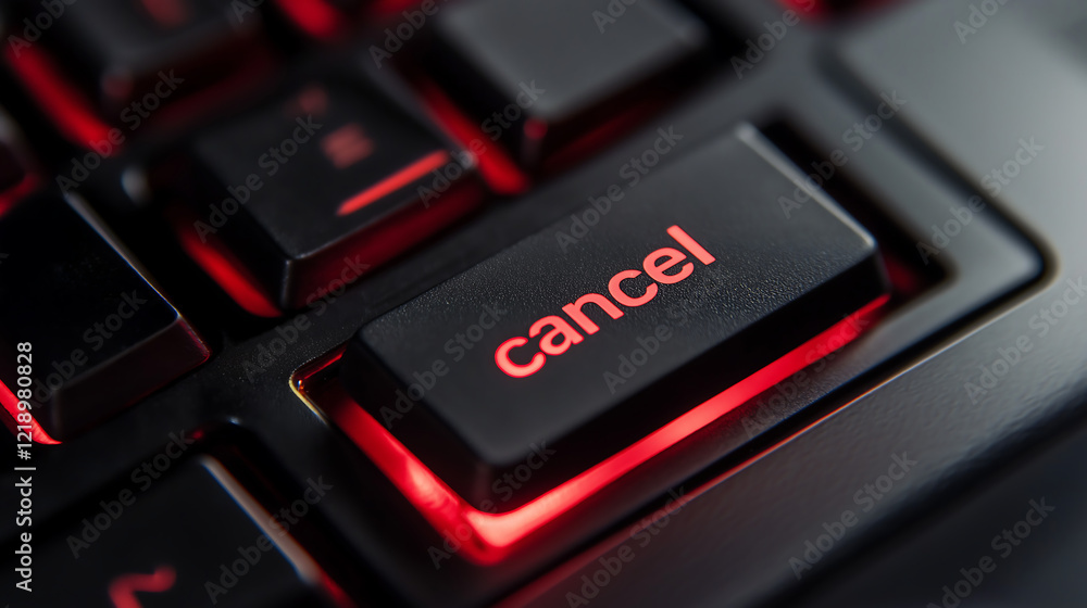 Close-up view of the cancel key on a black keyboard illuminated with red backlighting Close-up view of the cancel key on a black keyboard illuminated with red backlighting