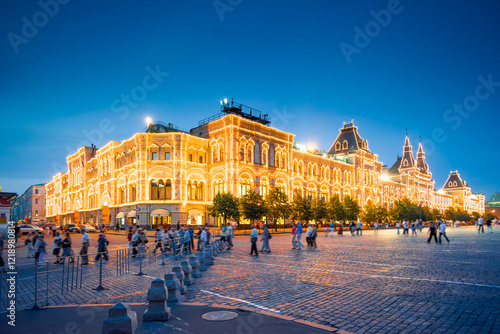 Evening view of the famous historic GUM building on the Red Square of the Moscow Kremlin. Russia