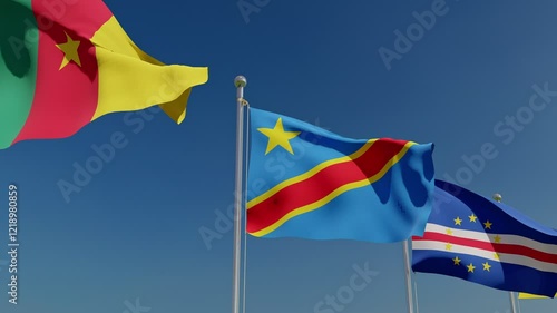 Waving flags countries of African Continent.
Set of flags fluttering in the wind against blue sky background.