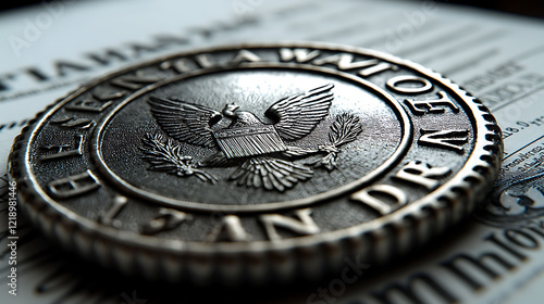 Closeup of a metallic seal featuring an eagle emblem, resting on officiallooking documents.  The image evokes themes of authority, finance, and legal matters. photo