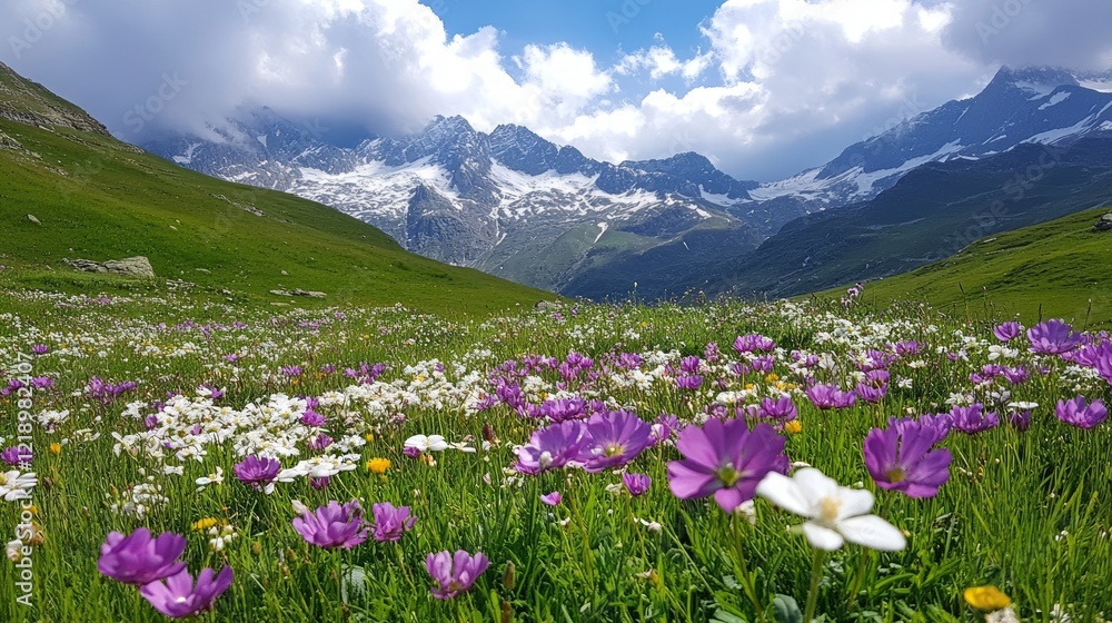 Fototapeta premium Alpine meadow wildflowers, mountains backdrop, summer day, travel poster