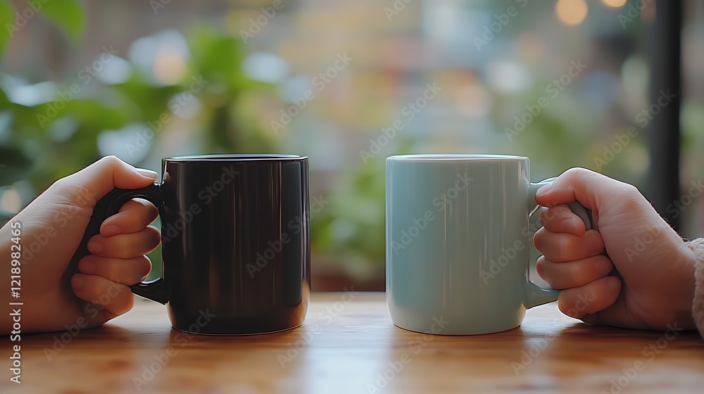 A close up of two hands holding coffee cups A close up of two hands holding coffee cups