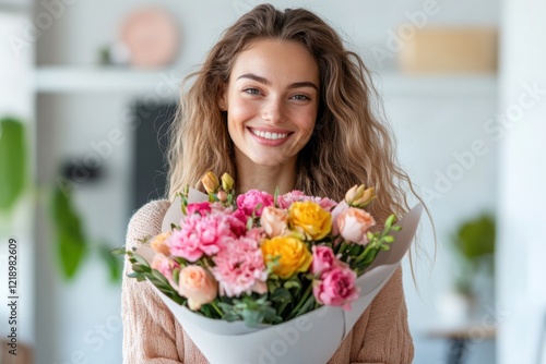 Young woman joyfully receives surprise bouquet at modern office on a bright day