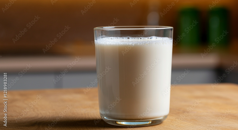 glass of milk drink on wooden table in kitchen setting with soft lighting and green accents glass of milk drink on wooden table in kitchen setting with soft lighting and green accents