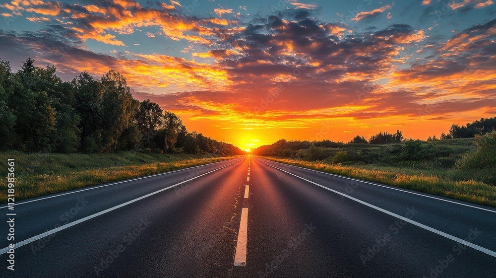 Serene sunset over open highway with vibrant sky and lush greenery Serene sunset over open highway with vibrant sky and lush greenery