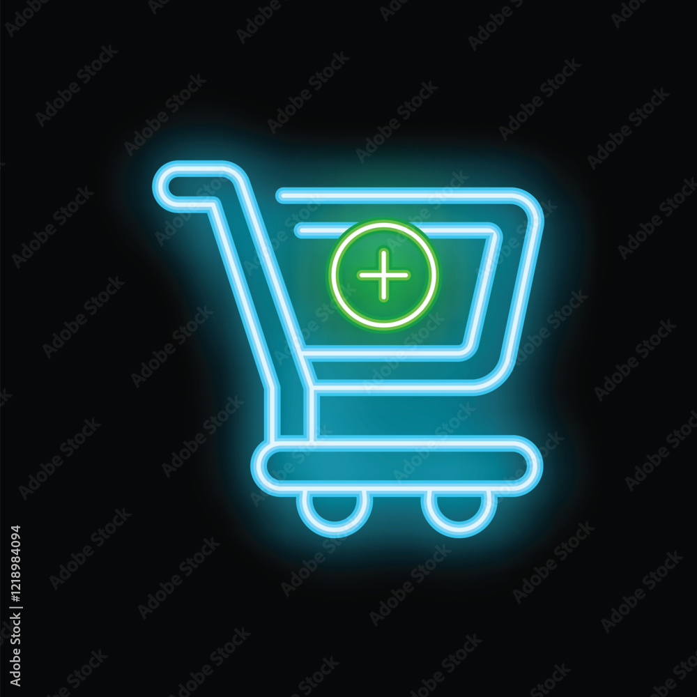 Neon shopping cart icon with plus sign glowing on black background representing online shopping and adding to cart concepts Neon shopping cart icon with plus sign glowing on black background representing online shopping and adding to cart concepts